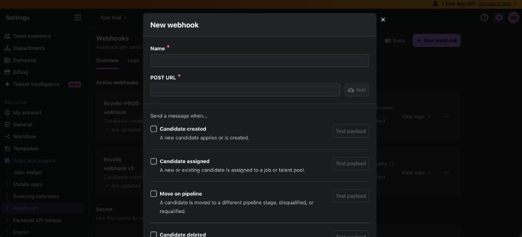 Tellent Recruitee New webhook dialog with Name, POST URL, and event checkboxes