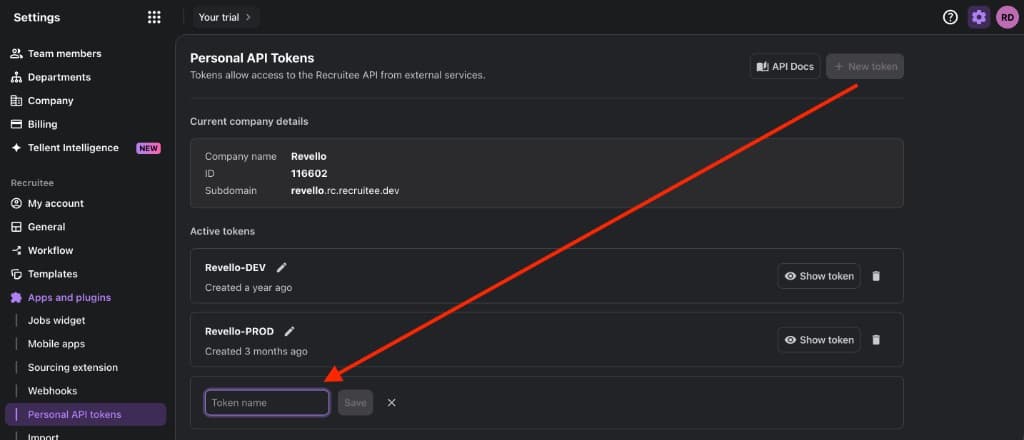 Tellent Recruitee Settings showing Apps and plugins, Personal API tokens, and creating a new token