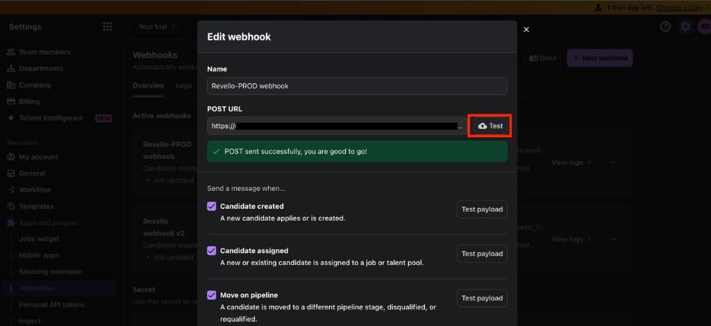 Tellent Recruitee Edit webhook dialog with Test button and successful POST confirmation