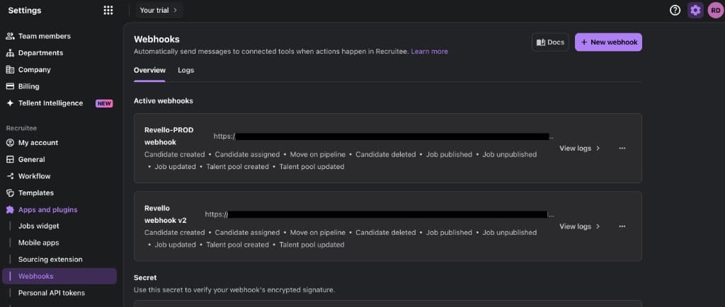 Tellent Recruitee Webhooks overview with active webhooks and New webhook button