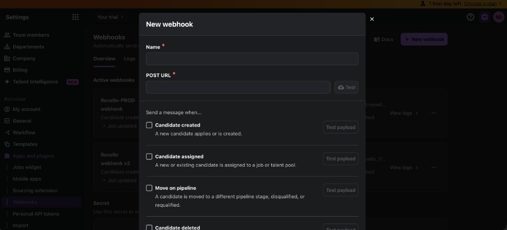 Recruitee New webhook dialog with Name, POST URL, and event checkboxes
